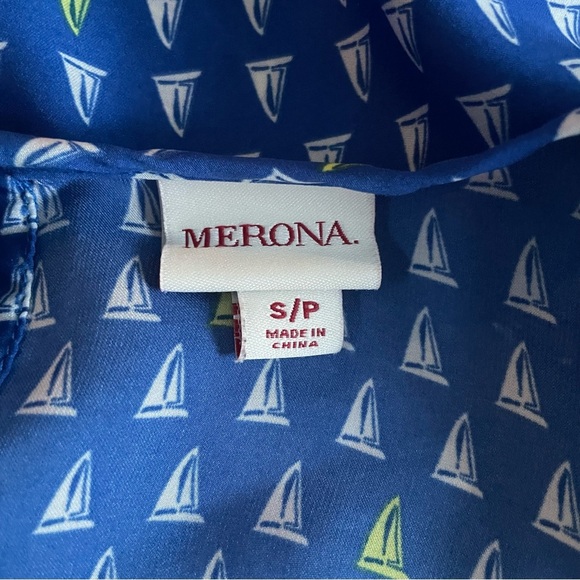 Merona Blue White Yellow Sailboat Print Long Sleeve Blouse Size Small - Picture 3 of 4